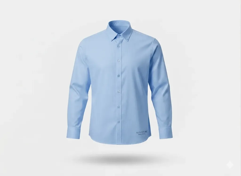 Front Office Shirt – Executive Hospitality Wear (Powder Blue, S, Giza Cotton, logo)