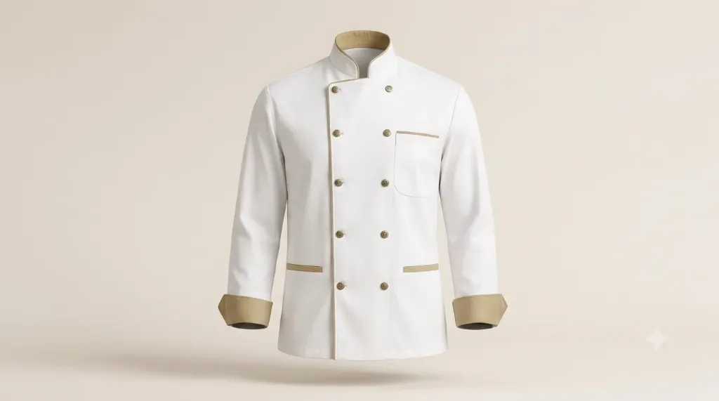 Signature Contrast-Trim Chef Coat (White, S, Denim, logo)